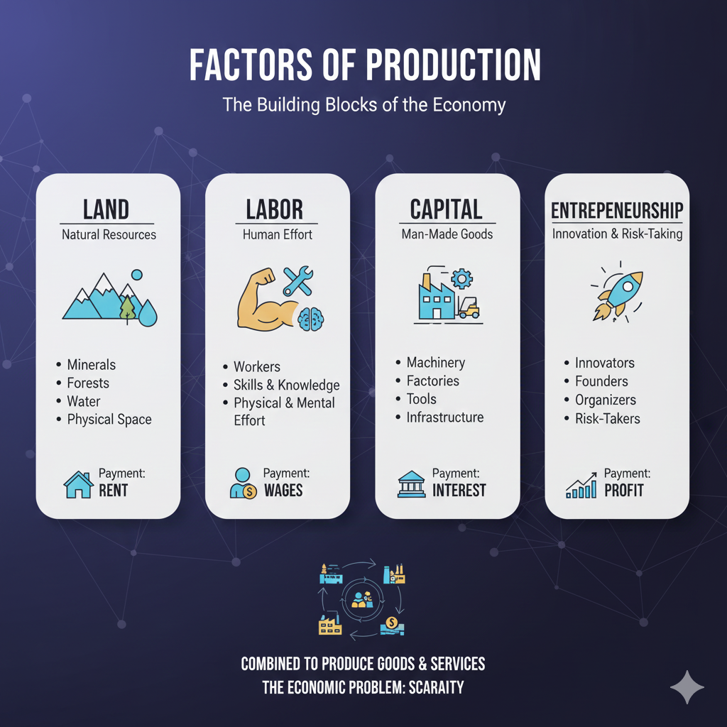 উৎপাদনের উপাদান (Factors of Production) কয়টি এবং কী কী?